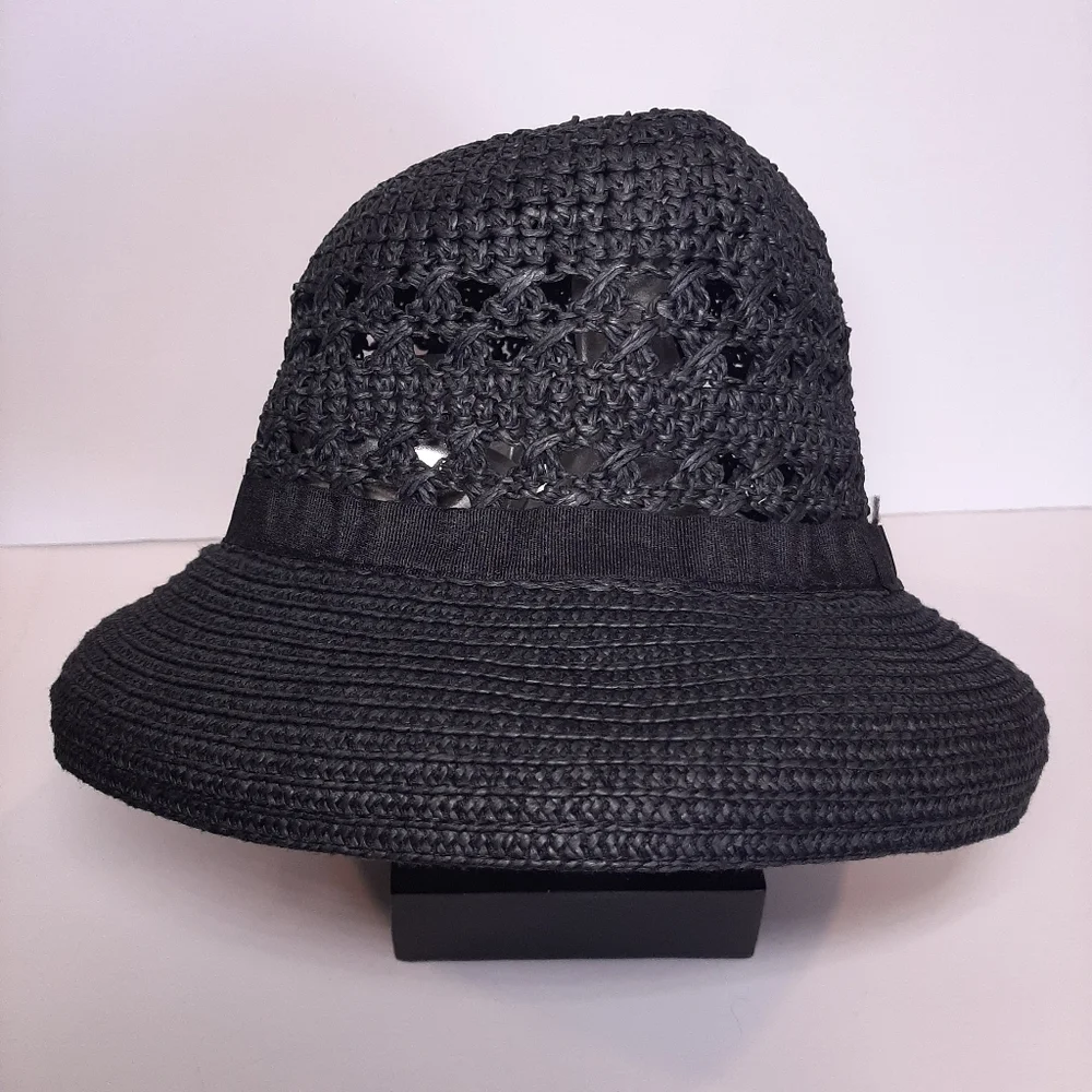 VINTAGE 90s Y2K Woven Straw Bucket Hat Ribbon Detail Retro Trendy